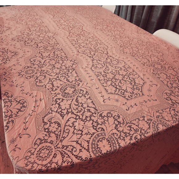 Quaker Lace Cloth Vtg Tablecloth Pink Floral Rectangle 115 x59in USA Bridal